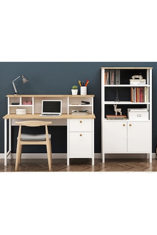 Remy Çalışma Masası Ahşap Kulplu + Remy Kitaplık Sepet-beyaz Sepet-beyaz Beyaz