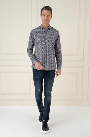 Slim Fit Baskılı %100 Pamuk Spor Mavi Gömlek G 1586 Mavi