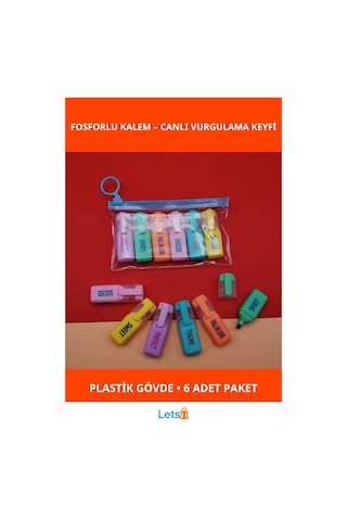 6'lı Fosforlu Kalem Fransız Mavi Pembe Yeşil Sarı Renkli Vurgulama Kalemi Çok Renkli