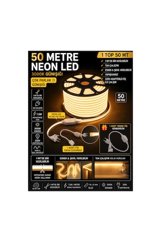 50 Metre Neon Led Şerit Led,günışığı-3000k, Esnek Led Çok Parlak,led, Kesilebilir,dekoratif Dış Aydınlatma Bahçe Aydınlatma,tavan Aydınlatma,gözalıcıaydınlatma