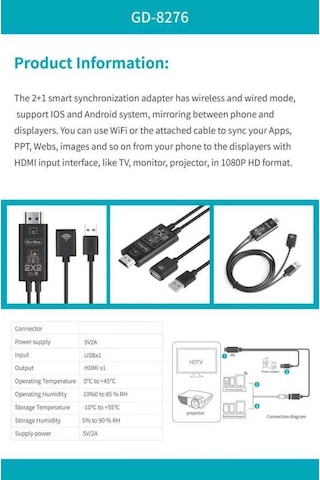 Go Des GD-8276 Wireless Display Dongle Kablosuz HDMI 1080p Görüntü Aktarım 110 cm - Siyah ZORE-260166