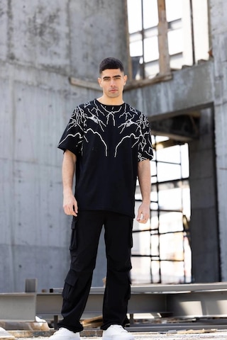 Moda Assema Erkek Yıldırım Şimşek Baskılı T-shirt Kısa Kol Bisiklet Yaka Tişört - Siyah