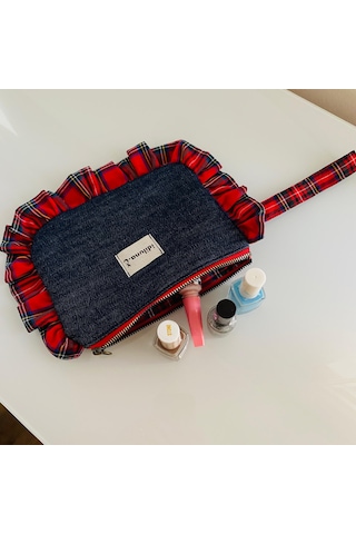 İdiluna Kırmızı Ekose Fırfırlı, Denim Ve Bilek Askılı Makyaj Çantası / Clutch Lacivert Kırmızı