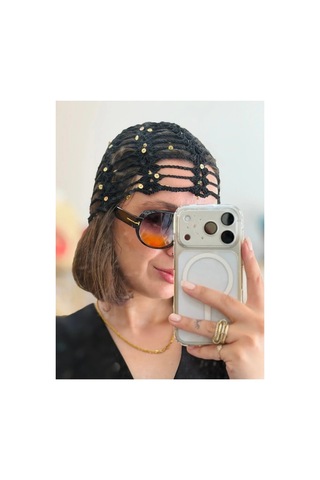 Kroşe Örgü Pullu Siyah Saç Aksesuar Ve Bandana , Saç Filesi El Yapımı - Model 1100