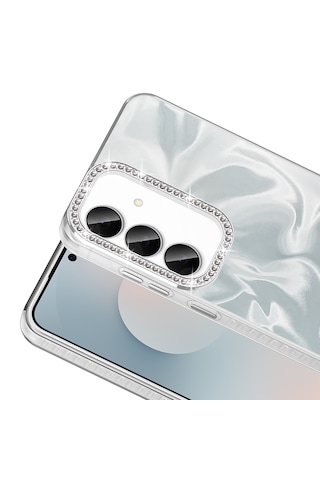 Samsung Galaxy Uyumlu A57 Kılıf Köşe Korumalı Kenarları Taşlı Parlak Tasarım Görünümlü Esila - Kapak Beyaz