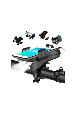 Neevoyu 4'ü 1 Arada Şarjlı Bisiklet Farı - Su Geçirmez Telefon Tutucu Ve 130 Desibel Korna İle Güvenli Sürüş Siyah