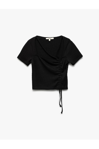 Koton Slim Fit Büzgülü Bağlama Detaylı Kısa Kollu Kare Yaka Fitilli Crop Tişört Siyah 5sak50372ek Siyah