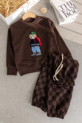 Babymod Erkek Çocuk Ayıcık İşlemeli 3 İplik Pamuklu Kumaş Sweatshirt Ve Damalı Eşofman Altüst Takım Kahverengi