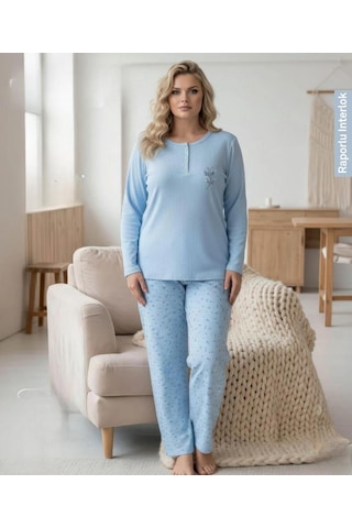 Boyraz Lindros Kadın Düğme Yaka Raporlu İnterlok Kışlık Battal Pijama Takımı 03018 - 1 Adet Mavi