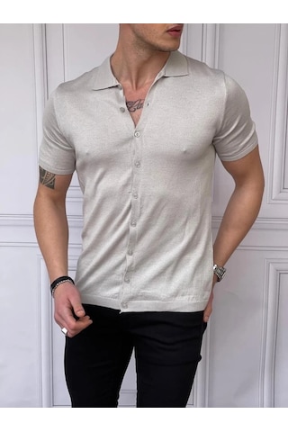 Modefendi Slim Fit Polo Yaka Triko Pamuklu Kısa Kollu Gömlek Gümüş