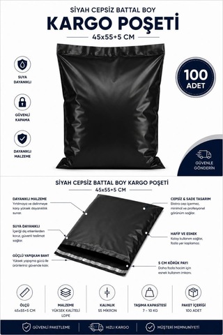 Northcity Siyah Cepsiz Battal Boy Kargo Poşeti 45x55+5 Cm 100 Adet