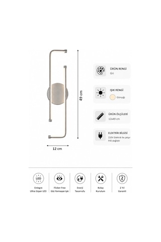 AvizeGO Noka Modern Led Duvar Apliği Günışığı Gri