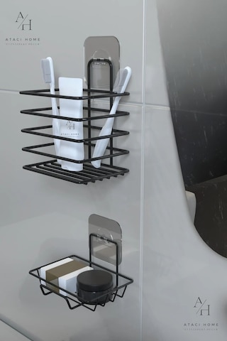 Atacı Paslanmaz Yapışkanlı Siyah Metal Banyo Rafı Düzenleyici 4'lü Set Kancalı Duş Rafı Sabunluk Rafı Siyah