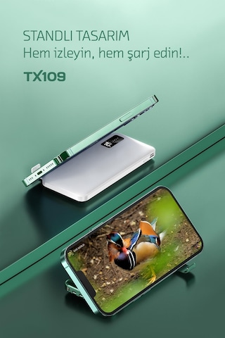 Powerway TX109 10.000 mAh Kablolu Dijital Göstergeli Dahili Stand Powerbank Siyah