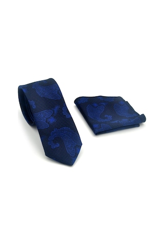 Gaffy Lacivert Şal Desenli Dokuma Kumaş Mendilli Slim Fit Kravat // Sdk-2603-2 Lacivert