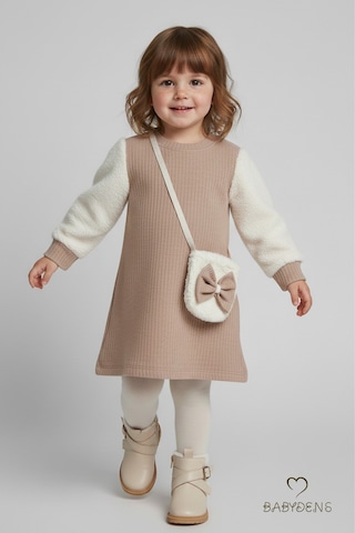 Babyden's Bayramlık Şık Ve Rahat Kız Bebek Elbise Çantalı Yumuşak Peluş Kollu Kışlık Çocuk Kombini Bej
