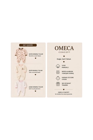 Omeca Concept 3'lü Kız Bebek Geyik Desenli Patikli Tulum Seti Krem