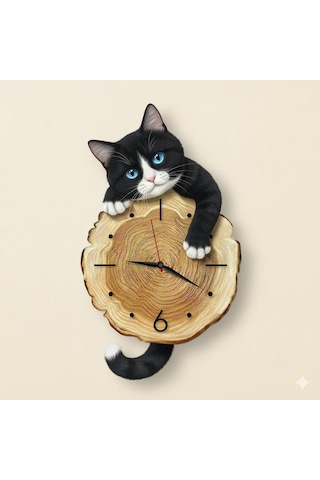 Cajuart Kütük Üzerinden Bakan Smokin Kedi Tasarımlı Duvar Saati Modern Dekoratif Saat Kahverengi