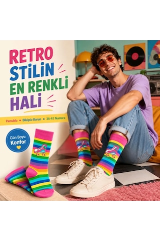 Çorap Giyim Gökkuşağı Çizgili Retro Paten Desenli Soket Çorap Pamuklu Dikişsiz Burun 36-40 Numara Uzun Konç Çok Renkli