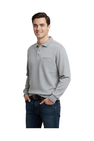 Baglan Erkek Büyük Beden Polo Yaka Cepli Selanik Sweatshirt Bgl-st04978 Açık Gri Melanj