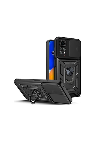 Rba Aksesuar Redmi Note 11s Global Kılıf Magnetik Standlı Kamera Korumalı Zore Sürgülü Vega Kapak - Siyah