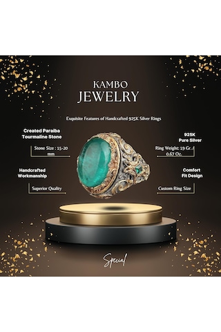 Paraiba Yapay Taşlı Gümüş Yüzük, Rodaj Kaplama Gümüş Yüzük, 925 Ayar Gümüş Yüzük, Stacking Yüzük, Yeşil Gümüş