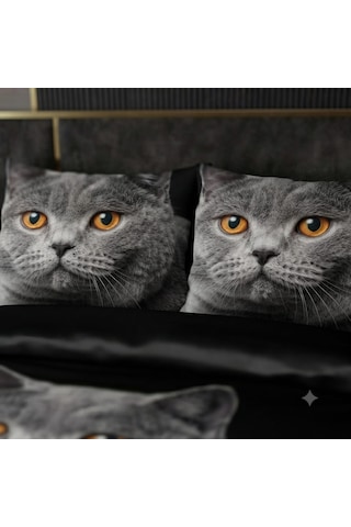 Özel Tasarım Marka Çift Kişilik Nevresim Takımı Organik Saten & Pamuk Luxury Premium Kumaş 240 260 Cm Ranforce Kedi Siyam İran Gri Açık Gri