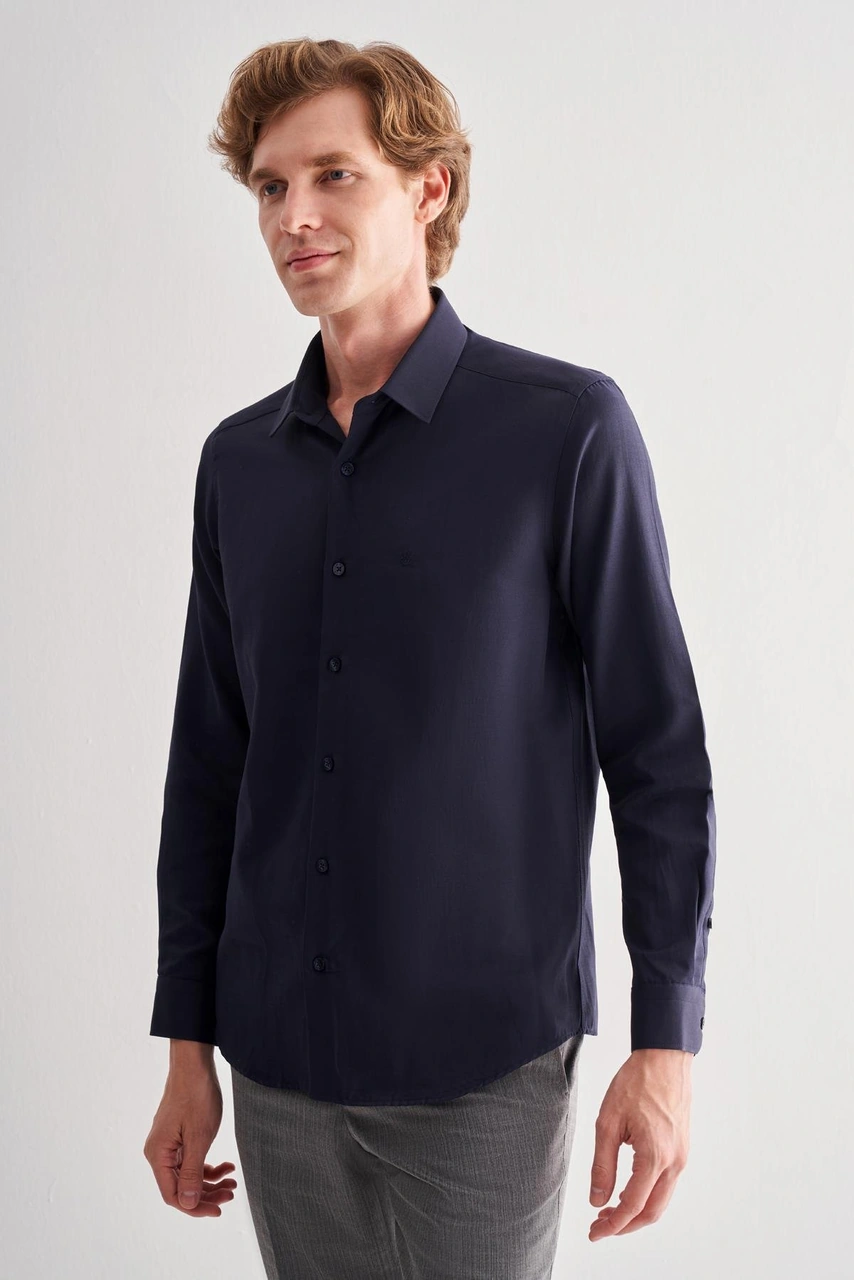 İmza Lacivert Sert Yaka Uzun Kol Slim Fit Pamuklu Gömlek 1004255175 Lacivert