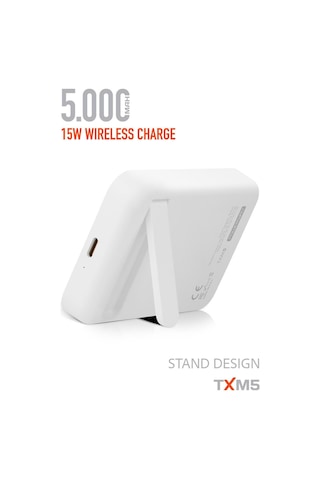 5000 Mah Beyaz 15w Magsafe Destekli Txm5 Powerbank Kablosuz Şarj + Stand Tasarım BEYAZ