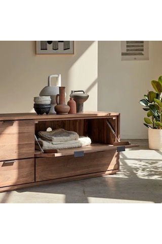 Vintage Walnut Model Devirme Kapaklı Masif Ahşap Tv Ünitesi