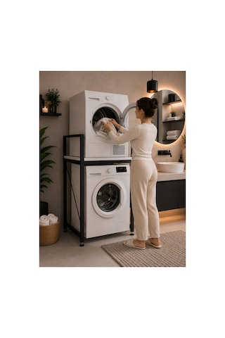 Lifos Beyaz/siyah Raflı Çamaşır Makinesi Dolabı Kurutma Makinesi Dolabı Metal Banyo Dolabı