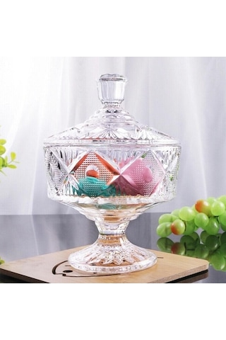 Pazly Şeker Kavanoz Cam Kristal Çanak Kase Takı Duş Totejar Depolama Tutucu Kapaklı Çerez Kabartmalı Teneke Dekoratif Konteyner Şeffaf