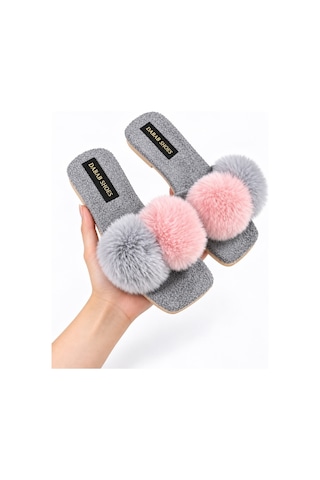 Dabab Shoes Pomella Kadın Gri Çift Ponponlu Peluş Bantlı Kaymaz Tabanlı Önü Açık Ev Terliği