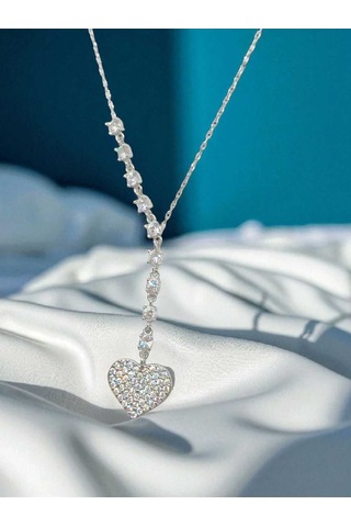 Tamamen Taşlı Kalpli 925 Ayar Gümüş Y Kolye Göz Alıcı Ve Işıltılı Tasarım Gümüş