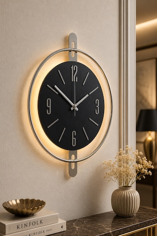 Pey Aksesuar 50x70 Cm Metal Ahşap Ve Işığın Muhteşem Uyumu Duvar Saati Dekoratif Metalik