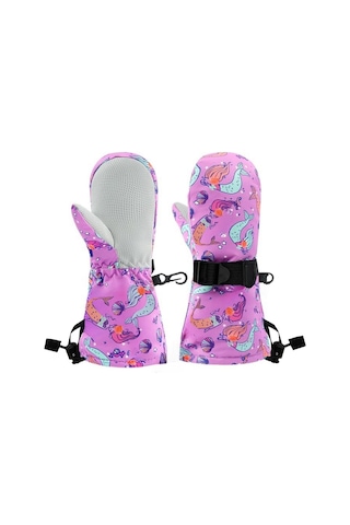 Petityu Su Geçirmez Kız Çocuk Bere Eldiven Set 2-4 Yaş Kayak Ve Snowboard Mor Denizkızı 2-4 Yaş