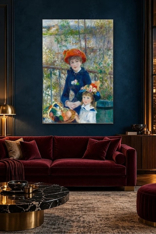 Fida Renoir Terasta Kırmızı Şapkalı İki Kız Kardeş Canvas Tablo Çok Renkli