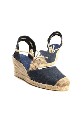 Star Tombis Gerçek Elişi Topuğu Açık Bilekten Bağlamalı Bej Dolgu Topuk Keten Hasır Espadril Handmade Mavi