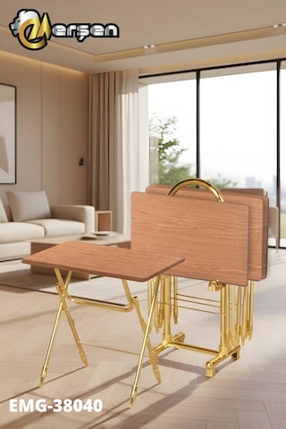 Eranş Serisi 4'lü Katlanır Mdf Mebran Ahşap Çanta Zigon Sehpa Gold Ayak Atlantik Çam Desen Gold Ayakk