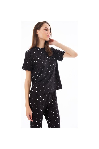 Premium Kadın Pijama Takımı Siyah Kalp Desenli Yumuşak Dokulu Kısa Kollu Bisiklet Yaka Siyah