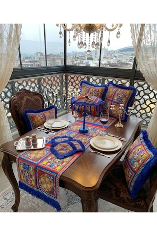 Missidea Sultania Masaüstü Dekor Seti Ledli Şemsiye+2 Adet Kırlent+runner Ve 6 Adet Peçete Mavi