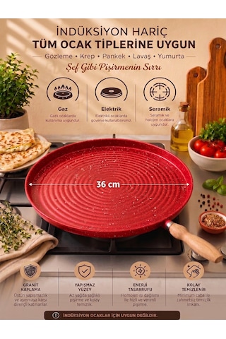 Tektava Granit Kaplama Ahşap Saplı Bazlama&gözleme Tavası 36 Cm Kırmızı-36 Cm