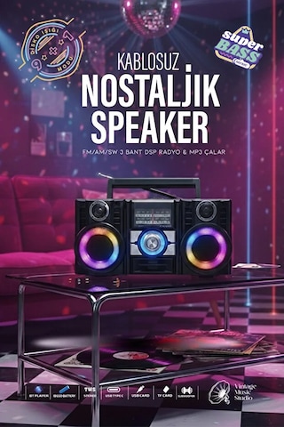 Radyo & Rgb Led Disko Işıklı Nostaljik Bluetooth Özellikli Hoparlör 4 Bantlı Şarj Edilebilir Speaker