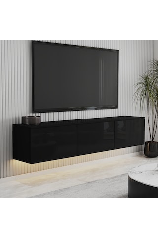 T0020 Alston Duvara Monte Tv Ünitesi Led Işıklı, Modern Tasarım, 160 Cm - Parlak Siyah Parlak Siyah