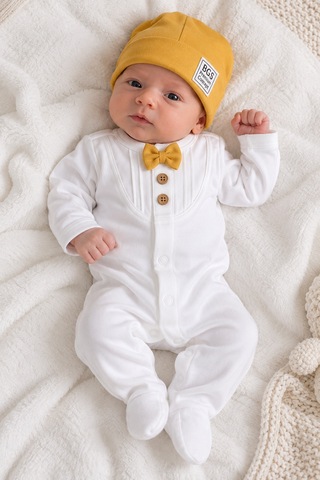 Babyhola Organik %100 Pamuk Kız Erkek Bebek Yenidoğan Tulum Zıbın Battaniye 8'li Set 0-3 Ay Hediyeli Sarı