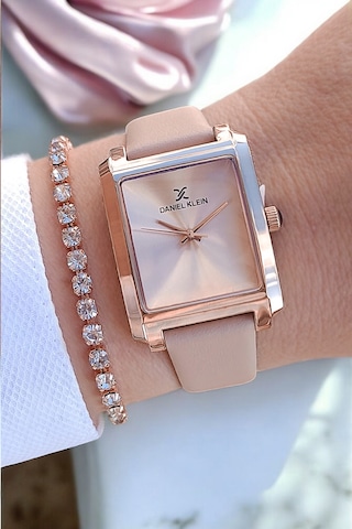 Pudra Deri Kayışlı Rose Gold Dikdörtgen Kasa Kadın Kol Saati, Taşlı Bileklik Hediyeli Rose Gold