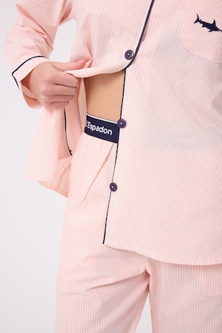 Lespadon Marısılk Seastrıpe Premium Dokuma Uzun Kollu Crop Pantolonlu Kadın Pijama & Lounge Takımı-3199 Pembe
