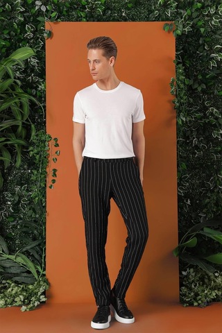 Efor Comfort Fit Yandan Tokalı Çizgili Keten Casual Siyah Pantolon P 1151 Siyah