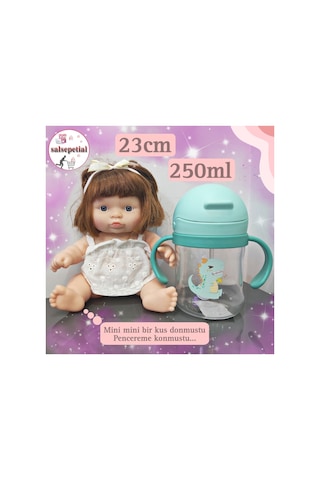 Türkçe Konuşan Şarkı Söyleyen 23cm Et Bebek 250ml Figürlü Pipetli Bebek Matara Biberon 2'li Set Yeşil