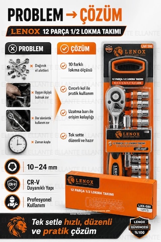 12 Parça 1/2" Lokma Takımı Cr-v Çelik Cırcırlı Kol Oto, Motosiklet Ve Ev Tamiri İçin Profesyonel